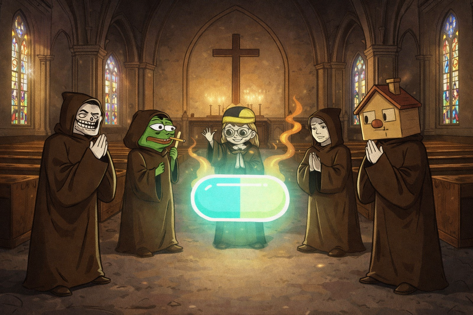 The Temple of Belief: robed meme characters gathered around a glowing capsule in a cathedral
